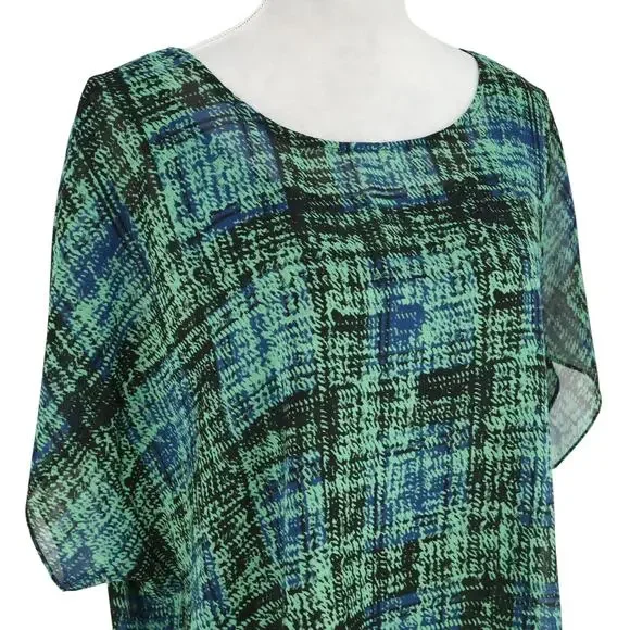 Cabi Top Womens Medium Green Blue Plaid Blouse Sheer Tank Liner attached - Picture 6 of 13